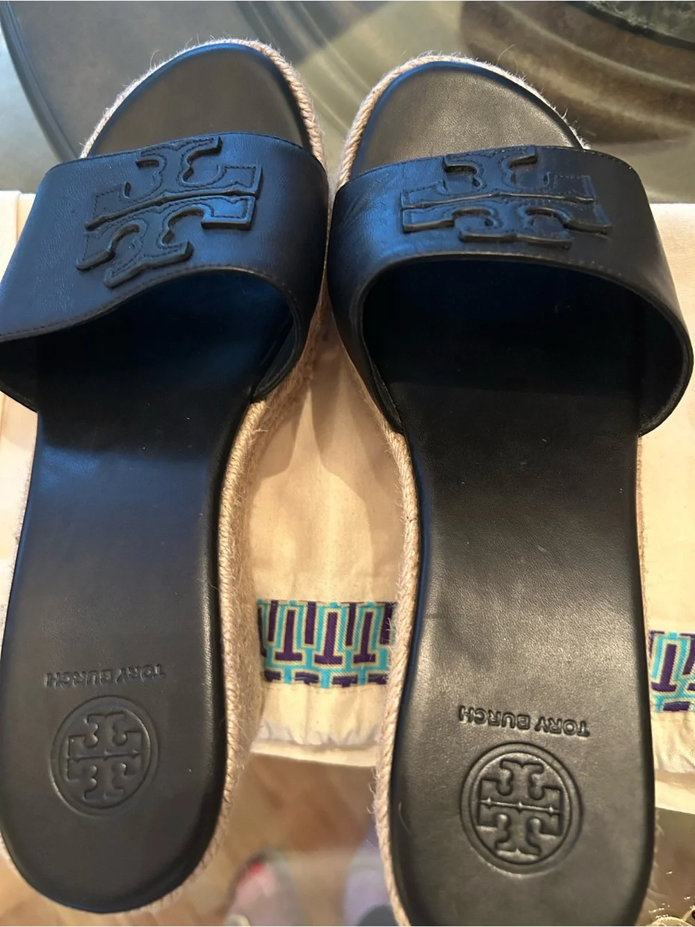 Tory Burch Weston Black Leather Espadrille Slide Mules 6.5